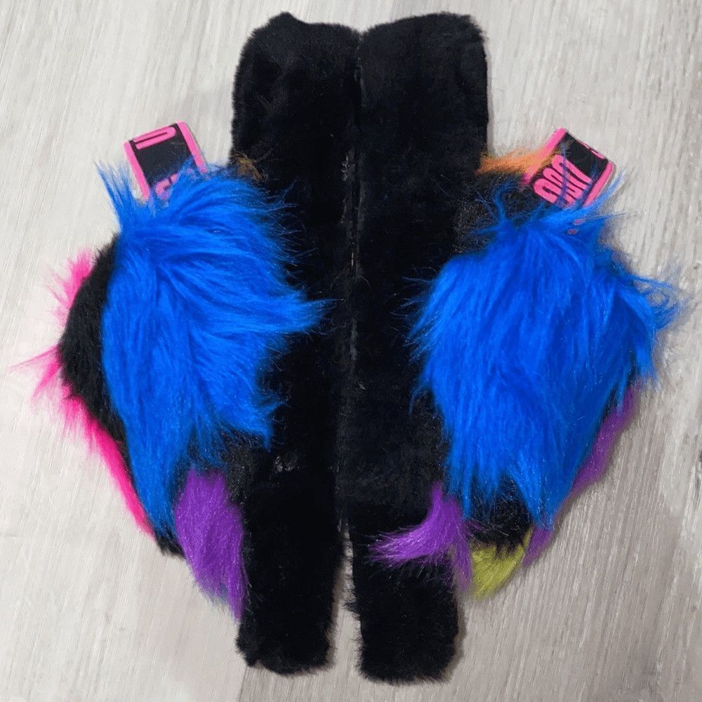 UGG Women's Black Slide Slippers with Hot Pink, Blue, Purple & Yellow Faux Fur - Picture 2 of 7